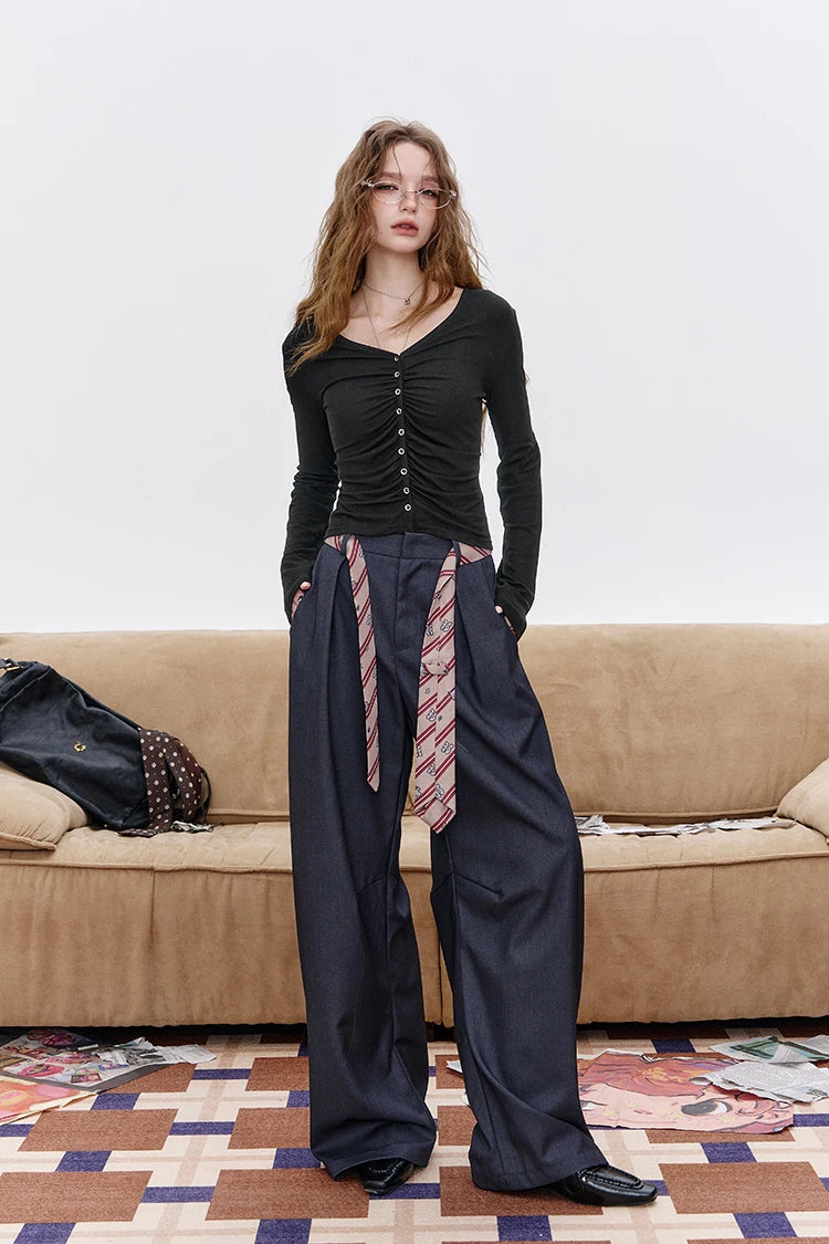 Women's V Neck Long Sleeve Tee with Ruched Front, Black Button Crop Top, Slim Casual Fall Top