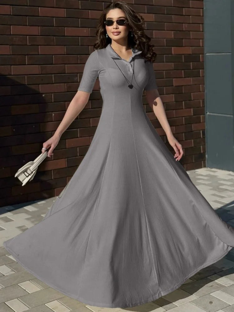 Casual Short Sleeve A-line Long Dress for Woman Elegant Knit Dresses Fall Clothes 2025 Brunch Outfits