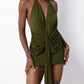 Ruched Belt Ribbon Sexy Dress Women Deep V-Neck Simple Elegant Backless Sleeveless Lace-up Halter Midnight Club Party