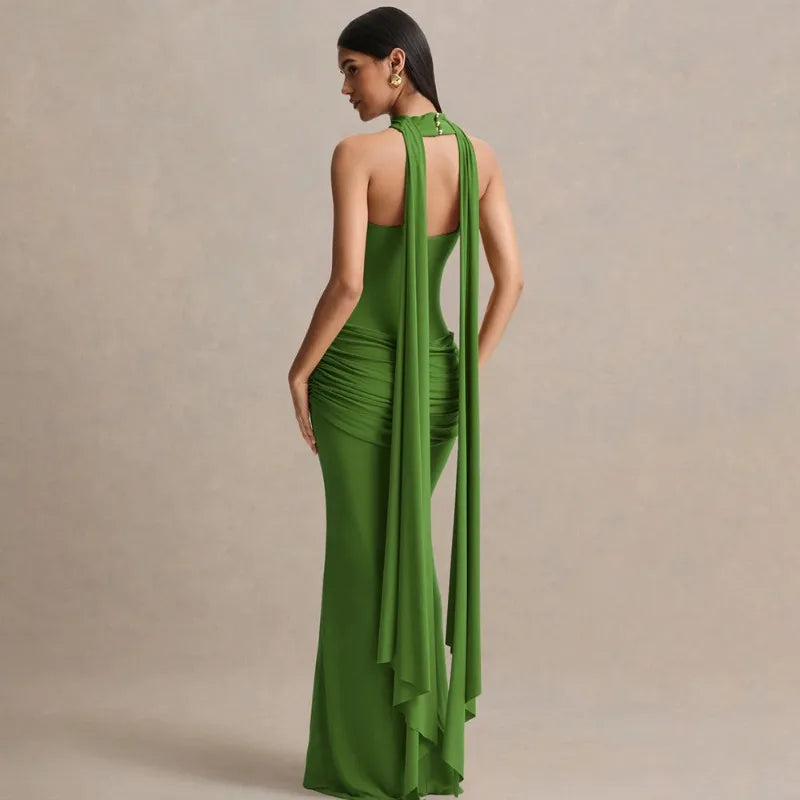 Elegant Party Evening Dresses Wedding Guest Black Strapless Maxi Dress with Draped Detailing and Scarf