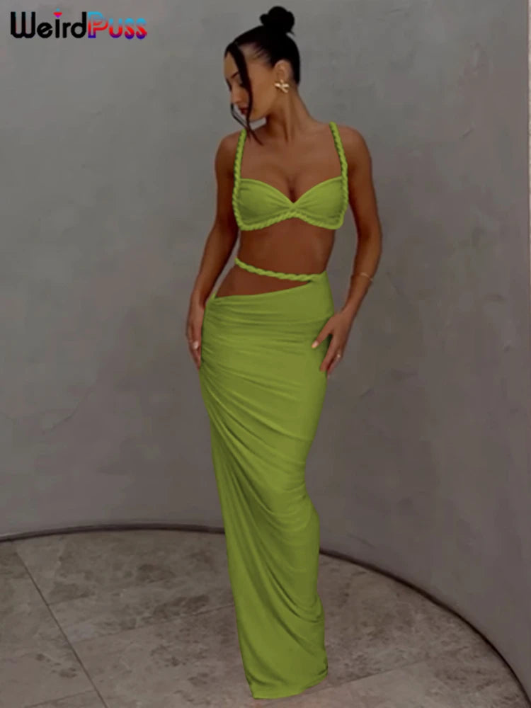 Skinny 2 Piece Set Women Square Collar Bra+Long Skirts 2025 Vacation Beach Party Summer Trend Bandage Ruched  Suits