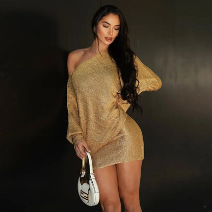 One Shoulder Long Sleeve Shorty Dresses Sexy Glitter Gold Birthday Dress Woman Clothes Fashion 2026