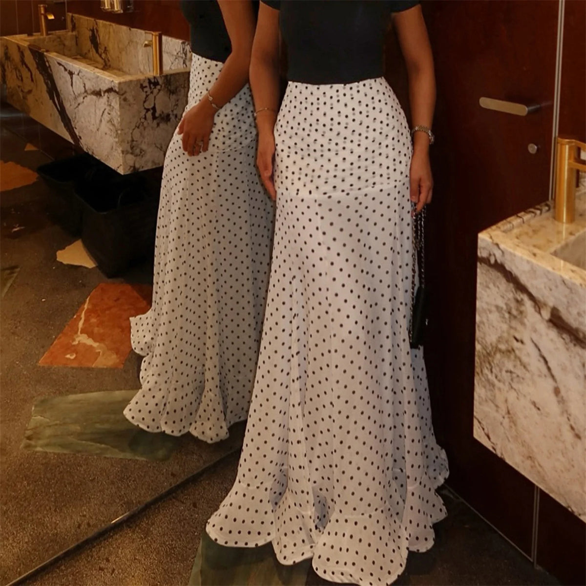 Polka Dot Floor-length Chiffon Skirt French Style Ruffled Mesh A-line Skirts Elegant Maxi Bottoms High Waist Streetwear