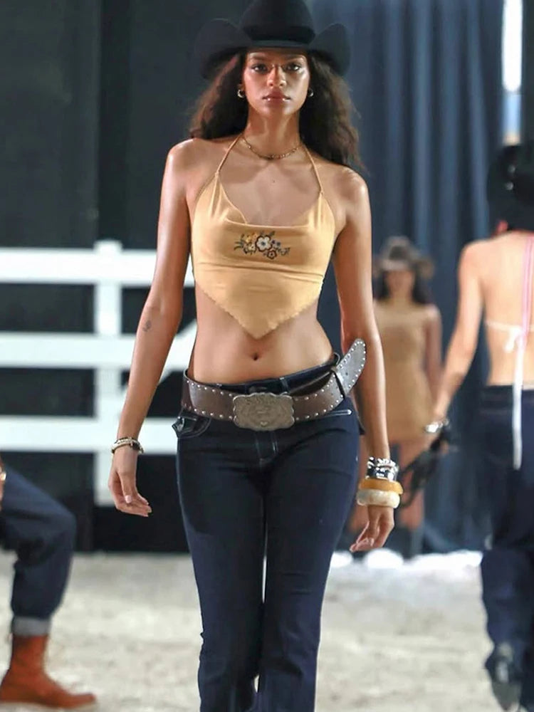 Flower Print Camisole Women Y2K Irregular Backless Halter Simple Classic Summer Sexy Wild Midnight Street Tank Tops