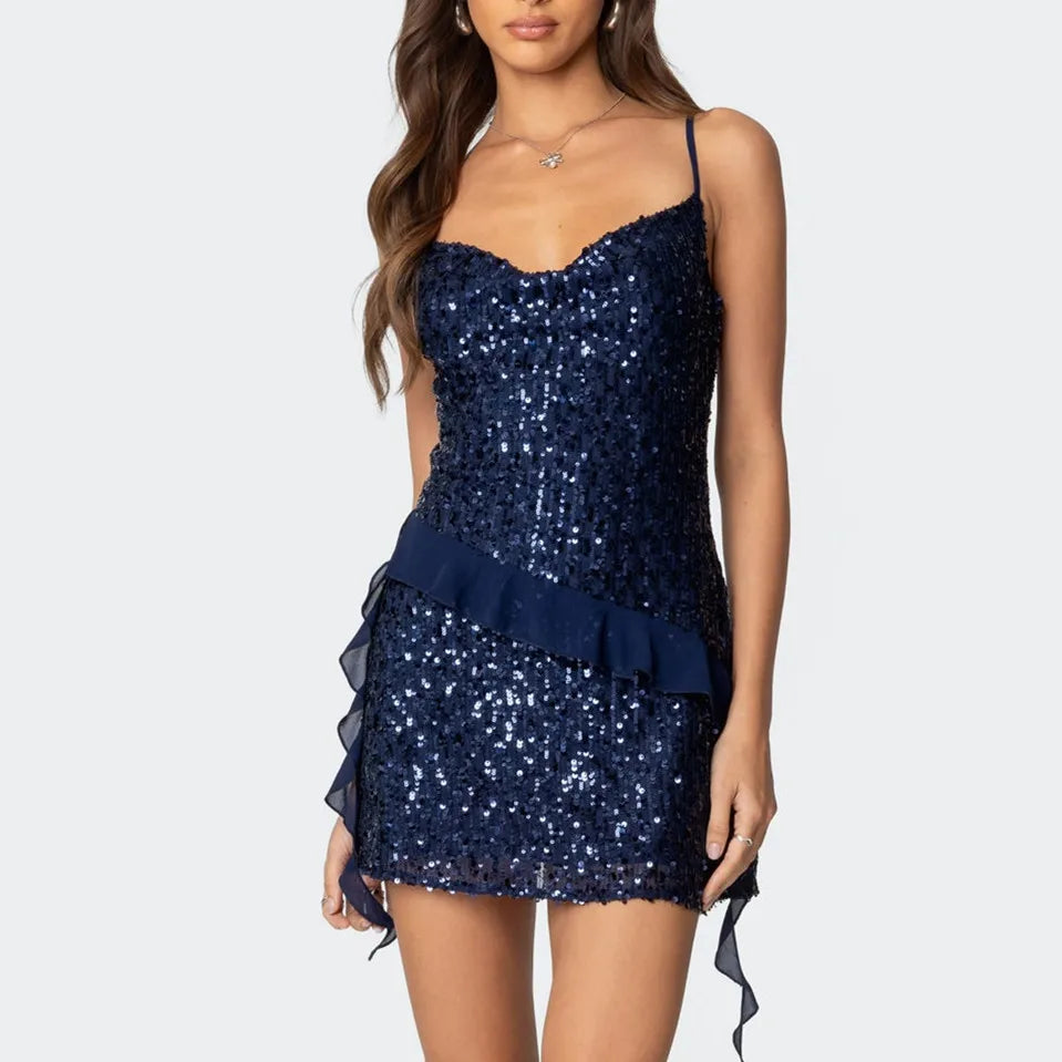 Sexy Women's Sparkle Sequin Mini Dress Party Night Sleeveless Spaghetti Strap Cowl Neck Bodycon Dress Rave Clubwear