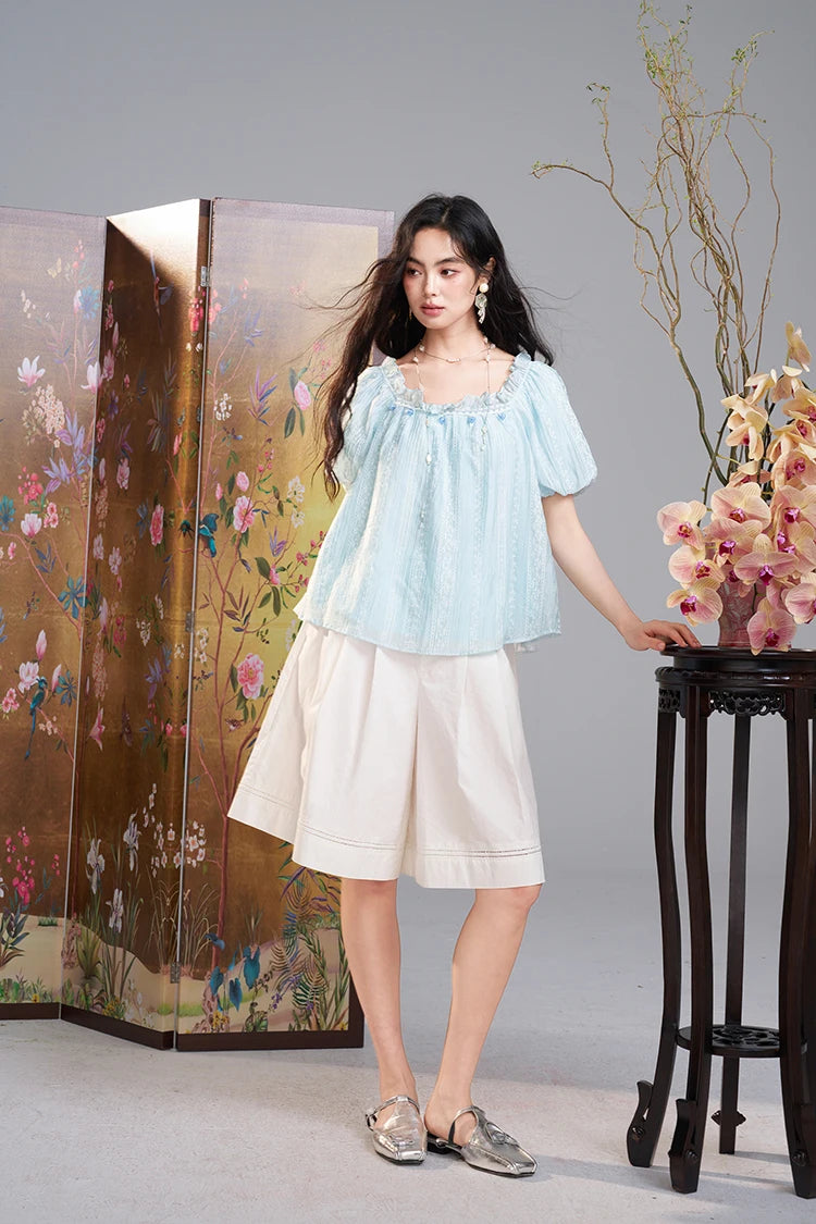 Women's Lace Embroidered Square Neck Blouse, Puff Sleeve Ruffle Neck Casual Loose Top