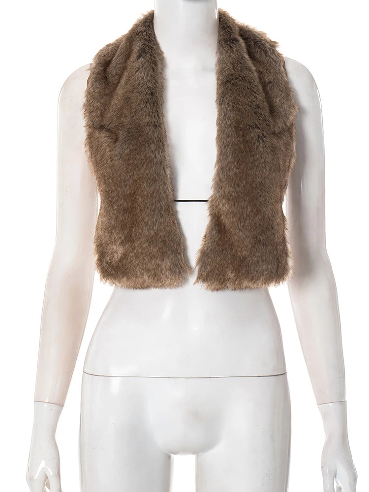 Furry Patchwork Tank Tops Women Sexy Fashion Halter Cleavage Lace-Up Backless Hot Girls High Street Wild Style Vest