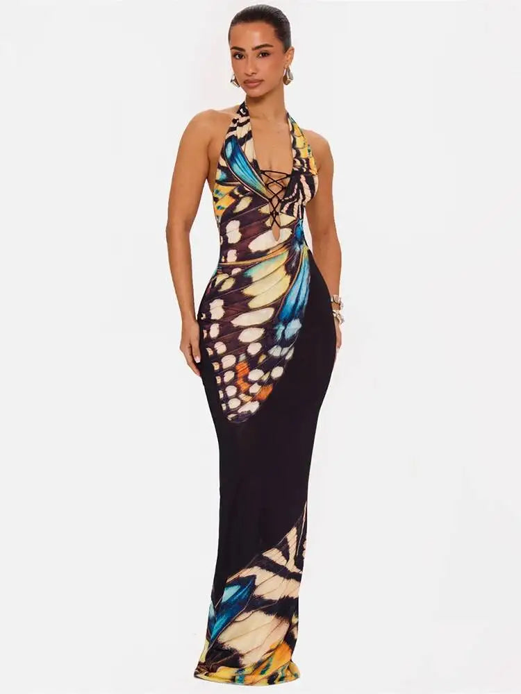 Women Butterfly Print Halter Maxi Dress Deep V Neck Bodycon Long Dress Sleeveless Backless Evening Party Club Dresses