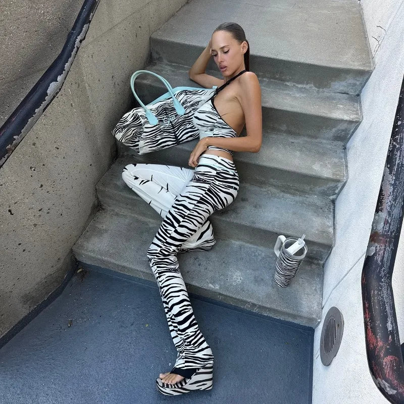 Zebra Print Two Piece Matching Set Halter Top and Pants Fashionable Woman Clothing Rave Outfits Y2k Streetwear
