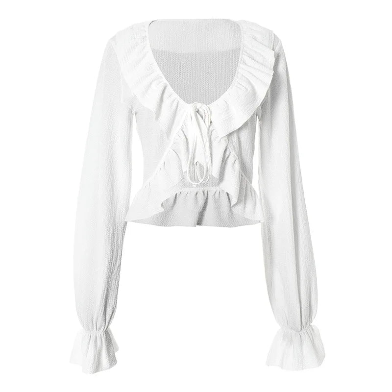 V Neck Ruffled Long Sleeve Tops for Woman Elegant White Shirts and Blouses Resort Wear Tie Front Cardigan