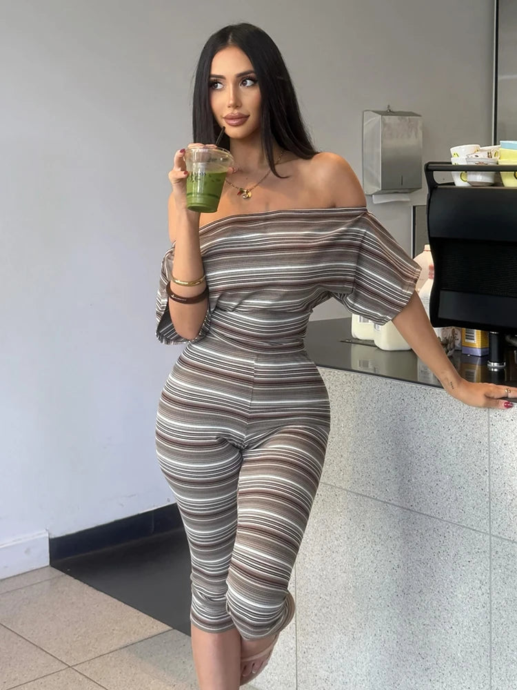 Stripes Print 2 Piece Set Women Trend Slash Neck Half Sleeve Crop T-Shirt+Capri Pants Casuals Chic Street Sport Suits