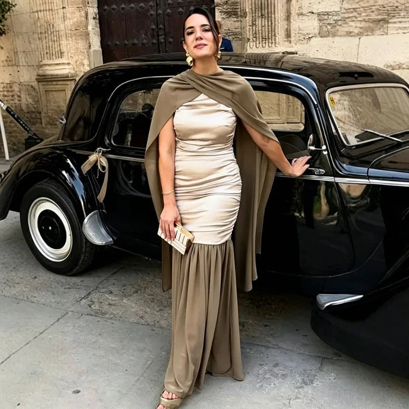 Sleeveless Pleated Maxi Dress with Scarf Satin Chiffon Patchwork Elegant Wedding Guest Dresses 2026