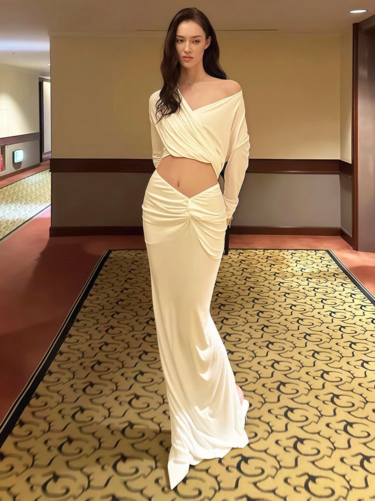 Elegant Dress Women Fashion Simple Backless Hollow Cross Slash Neck Full Sleeve Trend Sexy Party Club Long Bodycon