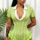 Fashion Romper Women Ruffled Edge Knit Sexy Single-Breasted Turn Down Collar Short Sleeve Summer Party Street Playsuit