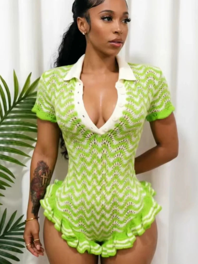 Fashion Romper Women Ruffled Edge Knit Sexy Single-Breasted Turn Down Collar Short Sleeve Summer Party Street Playsuit