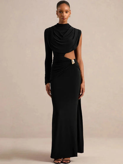 Women Draped High Neck One Long Sleeve Cutout Waist Maxi Dress Slim Backless Mermaid Formal Evening Party Dress