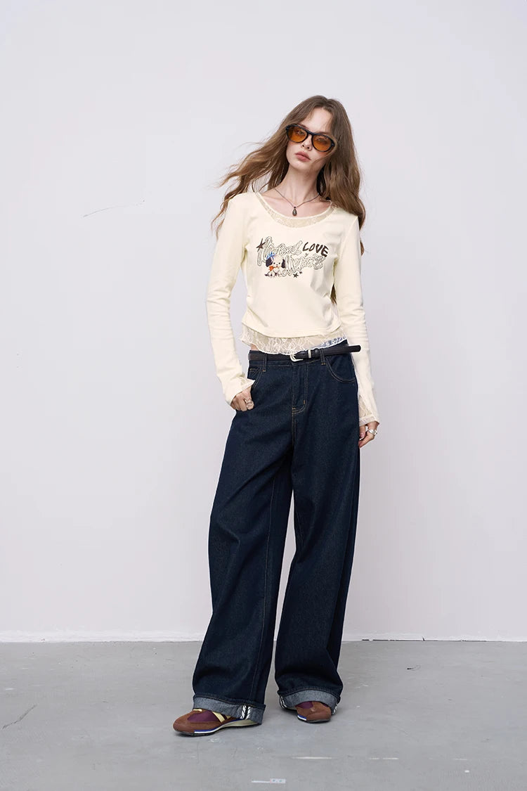 Women's Long Sleeve Graphic Tee with Cartoon Print, Lace Trim Crop Top, Cute Casual T-Shirt for Daily Wear