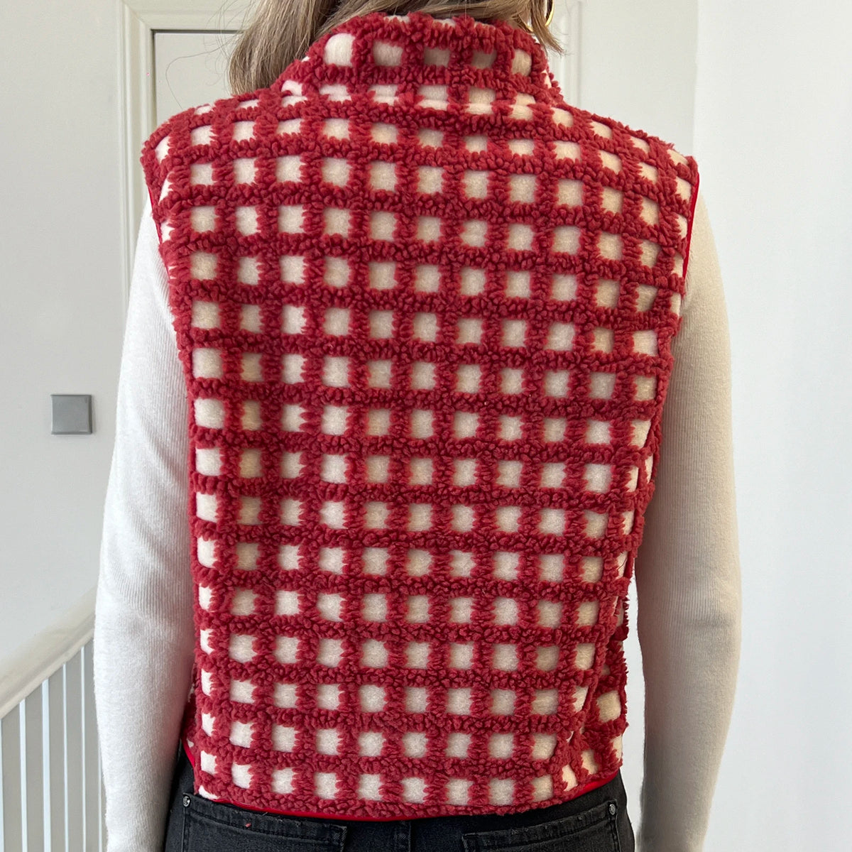 Womens Sherpa Fleece Vest Checkered Sleeveless Zip Up Warm Cardigan Polar Fleece Vest Jacket with Chest Pocket