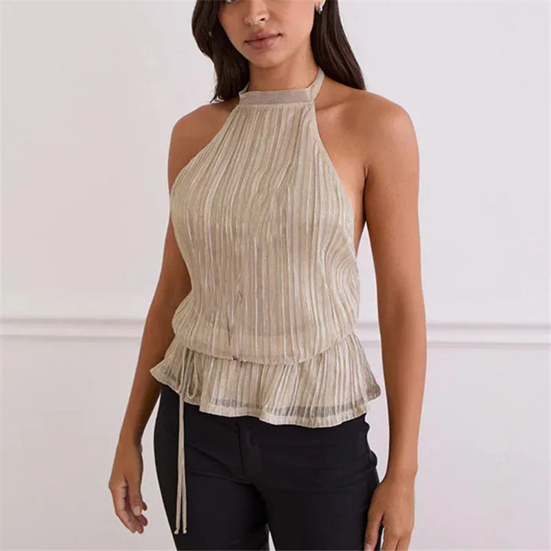 Y2K Summer Backless Halter Neck Crop Tops Sleeveless Tie Up Open Back Shirts Vest Women's Chiffon Pleated Tank Top