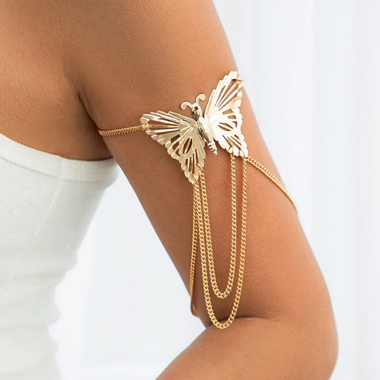 Boho Exquisite Big Butterfly Tassel Arm Chain Bracelet Women Wedding Bridal Vintage Adjustable Bracelets Hand Jewelry