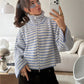 Women Striped Knitted Cardigan High Neck Double Zipper Long Sleeve Loose Cropped Sweater Coat Y2K Fall Winter Streetwear