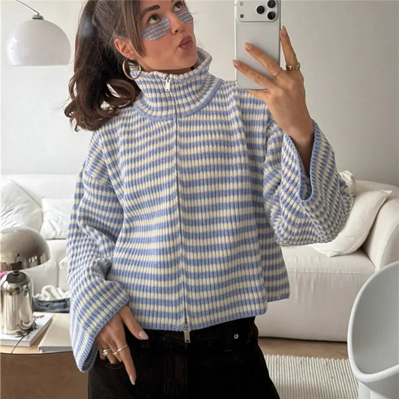 Women Striped Knitted Cardigan High Neck Double Zipper Long Sleeve Loose Cropped Sweater Coat Y2K Fall Winter Streetwear