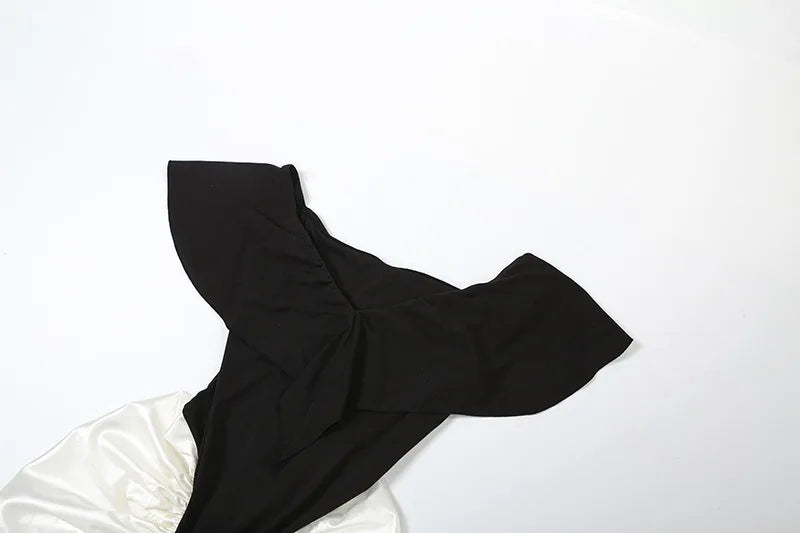 Off Shoulder Pleated Split Long Dresses Satin White and Black Patchwork Elegant Sexy Party Dresses for Woman