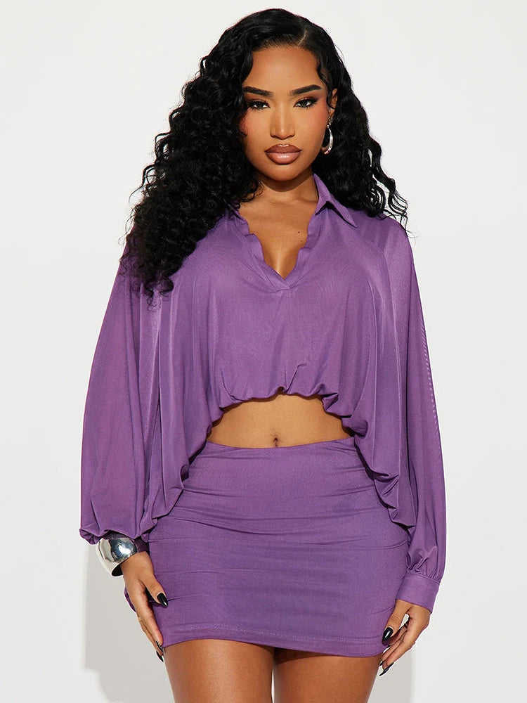 Simple Mesh 2-Piece Set Women Lapel Irregular Curling Edge V-Neck Shirt+Peach Hip Skirt Matching Casual Slim Outfits