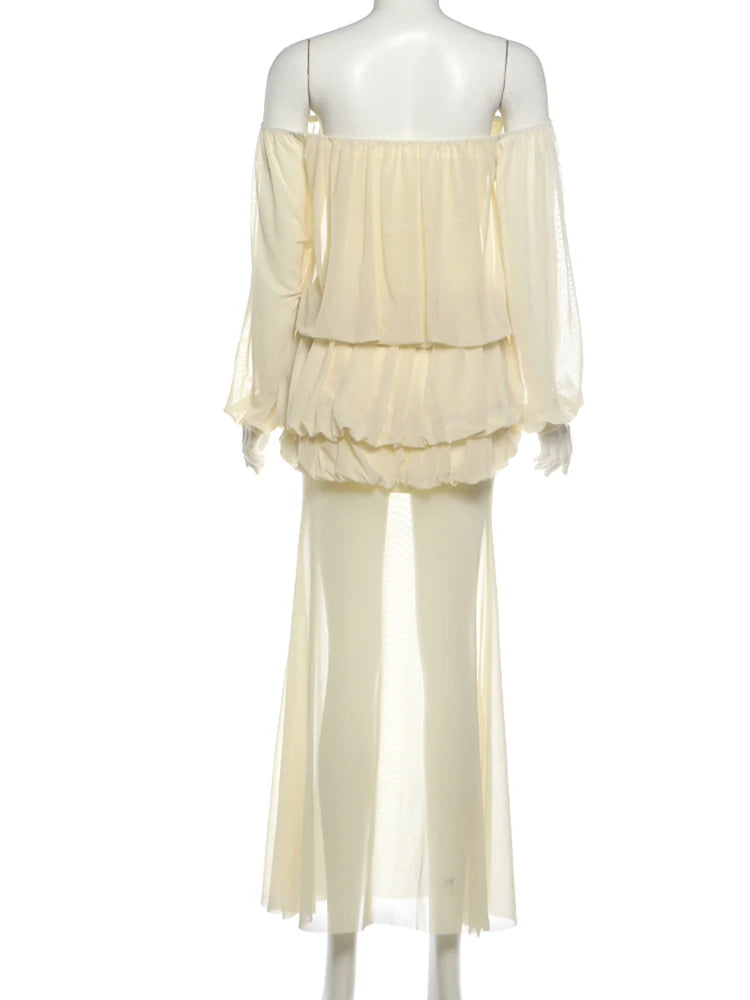 Draped Maxi Dress Women See Through Hem Off-Shoulder Long Lantern Sleeve Elegant Vacation Wedding Party Vestidos