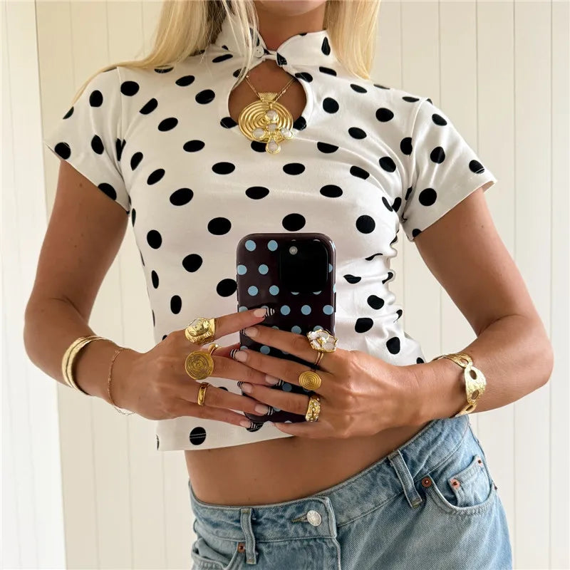 Polka Dot Cheongsam Collar T Shirt For Women Hollow Out Neck Short Sleeve Slim Casual Cropped Top Streetwear Summer Tee