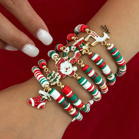 6 Pcs/Set Exquisite Christmas Tree Santa Claus Boots Bracelet Fashion Cute Polymer Clay Bracelets Year Party Jewelry 2026