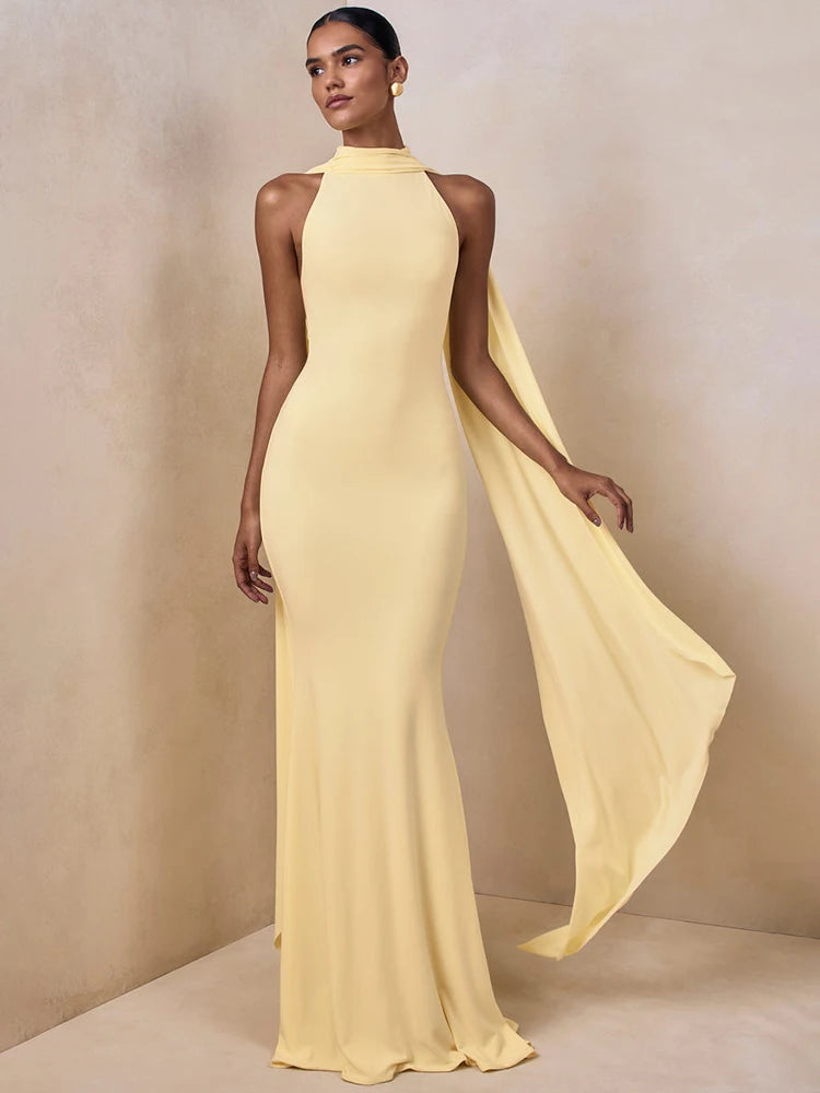 Women Sexy Mermaid Maxi Dress Halter Sleeveless With Flowing Cape Backless Bodycon Long Formal Evening Party Dress
