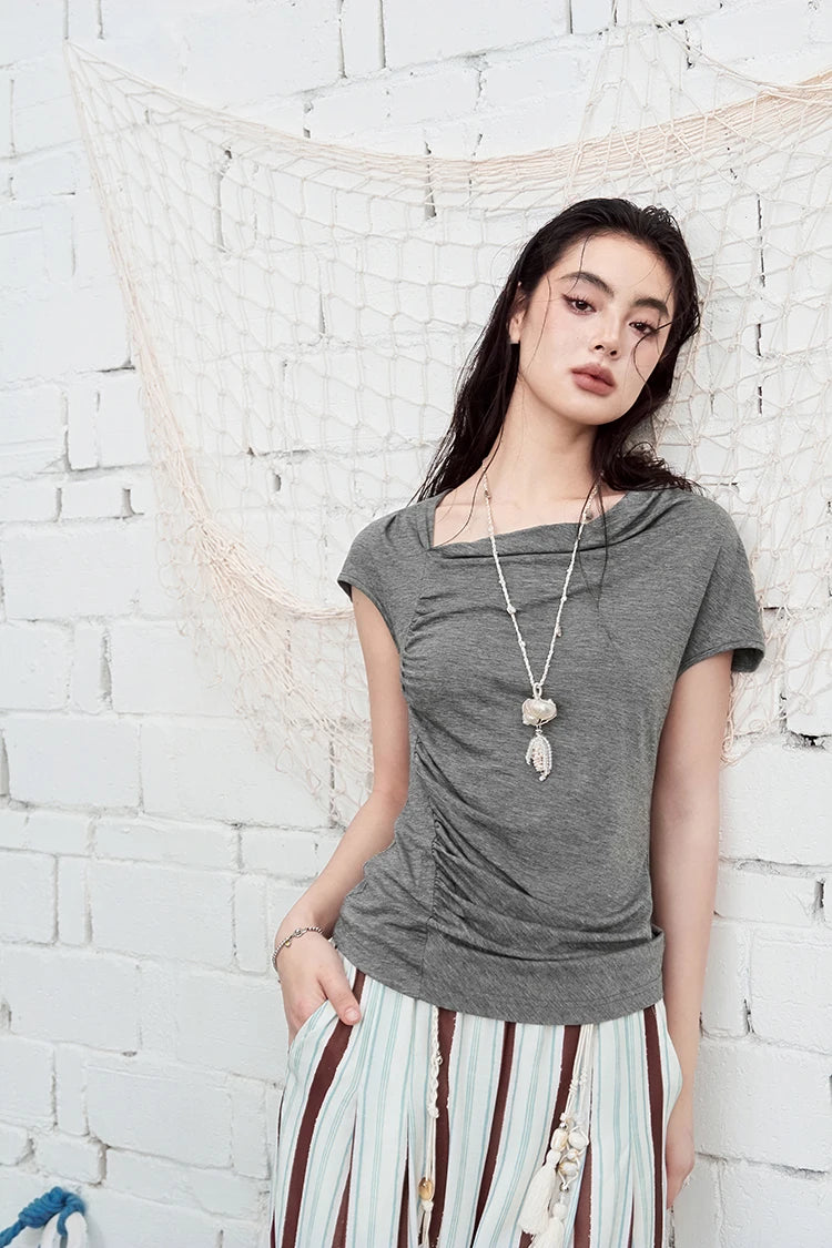 Cowl Neck Ruched Fitted T-Shirt, Draped Front Short Sleeve Top