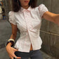 Women Elegant Peter Pan Collar Shirt Puff Short Sleeve Double Breasted Blouse Slim Peplum Hem Casual Office Ladies Tops