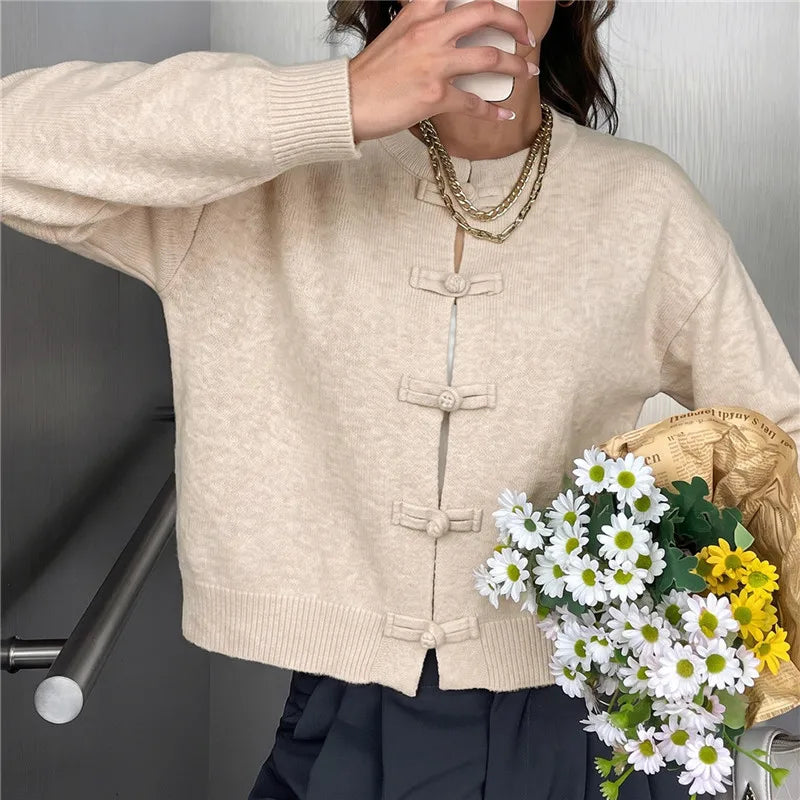 Women Oatmeal Frog Button Knit Cardigan Crew Neck Long Sleeve Sweater Solid Knot Closure Knitwear Fall Winter Streetwear