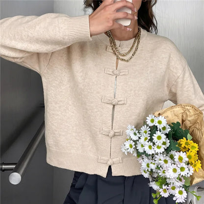 Women Oatmeal Frog Button Knit Cardigan Crew Neck Long Sleeve Sweater Solid Knot Closure Knitwear Fall Winter Streetwear