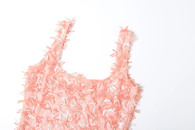 Fashion Sequins Tassel Mini Dress Women Summer New Trend Square Collar Sleeveless Backless Splits Hem Midnight Outfits