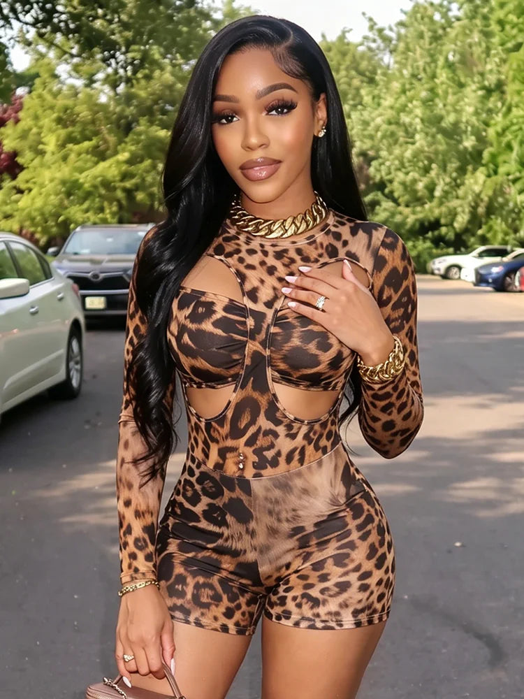 o-Neck Sexy Hollow Leopard Print Fake 2 Piece Design Rompers Woman Autumn Trend Full Sleeve Skinny Peach Hip Playsuit