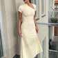 Asymmetrical Cutout sexy Midi Dress Women Short Sleeve Diagonal Neck Ruched Waist Irregular Hem Bodycon Long Dress