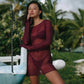 Women Bikini Cover-Ups Solid Color See-Through Long Sleeve Backless Beach Knitted Mini Dress Swimwear Sunscreen Blouse