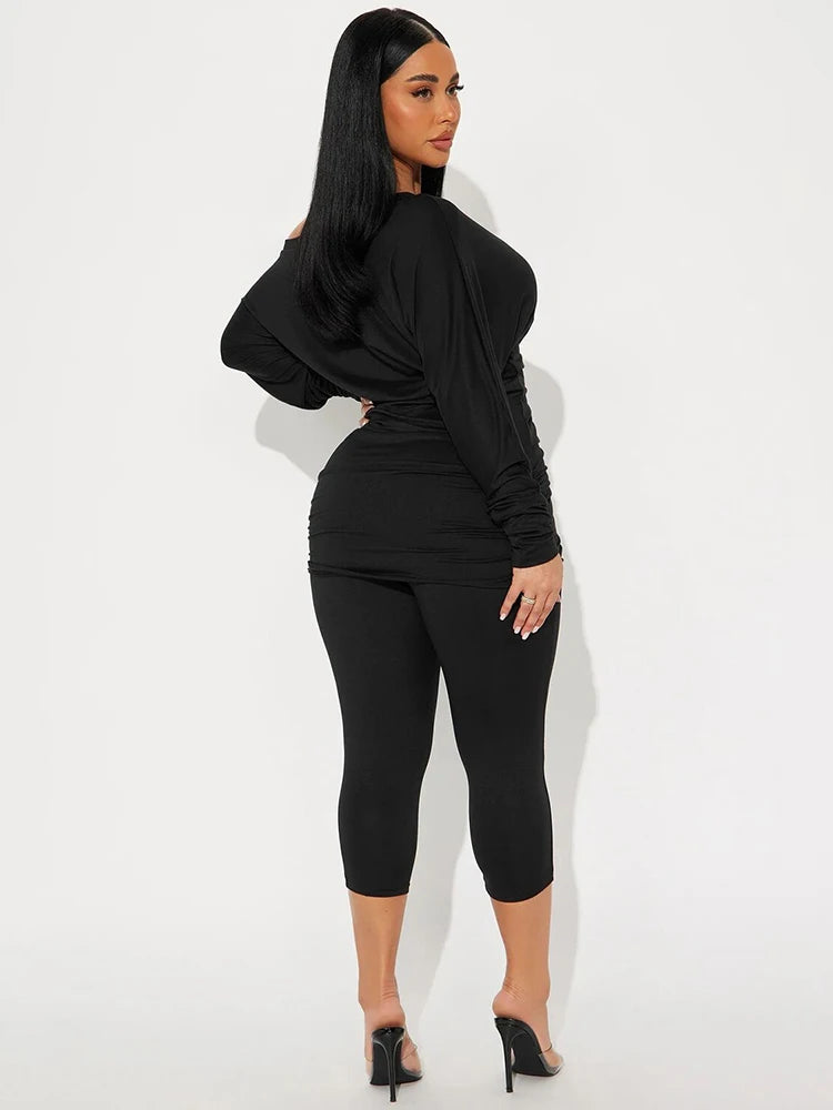 Fashion 2 Piece Set Women Tracksuit Inclined Shoulder Crop Tops+Lapel Bike Shorts Matching Streetwear Slim Casual Outfits