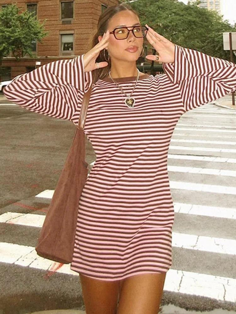 Brown and Pink Striped Crew Neck Long Sleeve Mini Dress Woman Clothes Fall Casual Loose Dresses