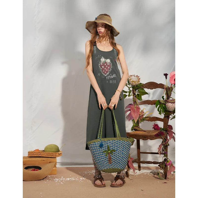 Strawberry Graffiti Print Punk Overall Dress, A-Line Sleeveless Streetwear Midi Dress, Y2K Sweet Grunge