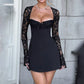 Womens Elegant Lace Patchwork Long Sleeve Mini Dress Y2k Square Neck High Waist Backless Tie Up Slim Fit A-line Dress
