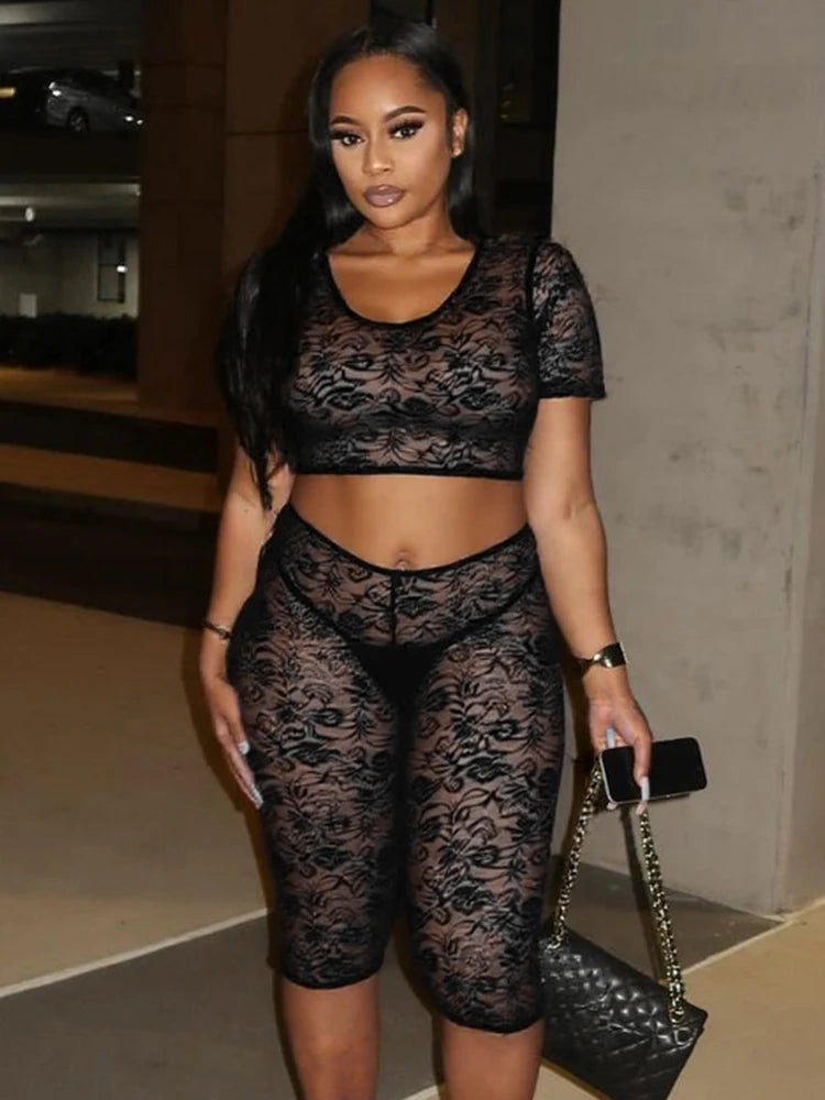 Jacquard Sexy Women 2 Piece Set summer Y2K hipster Tight Stretch Lace Camisole+bike Shorts Beach Club Matching Suit