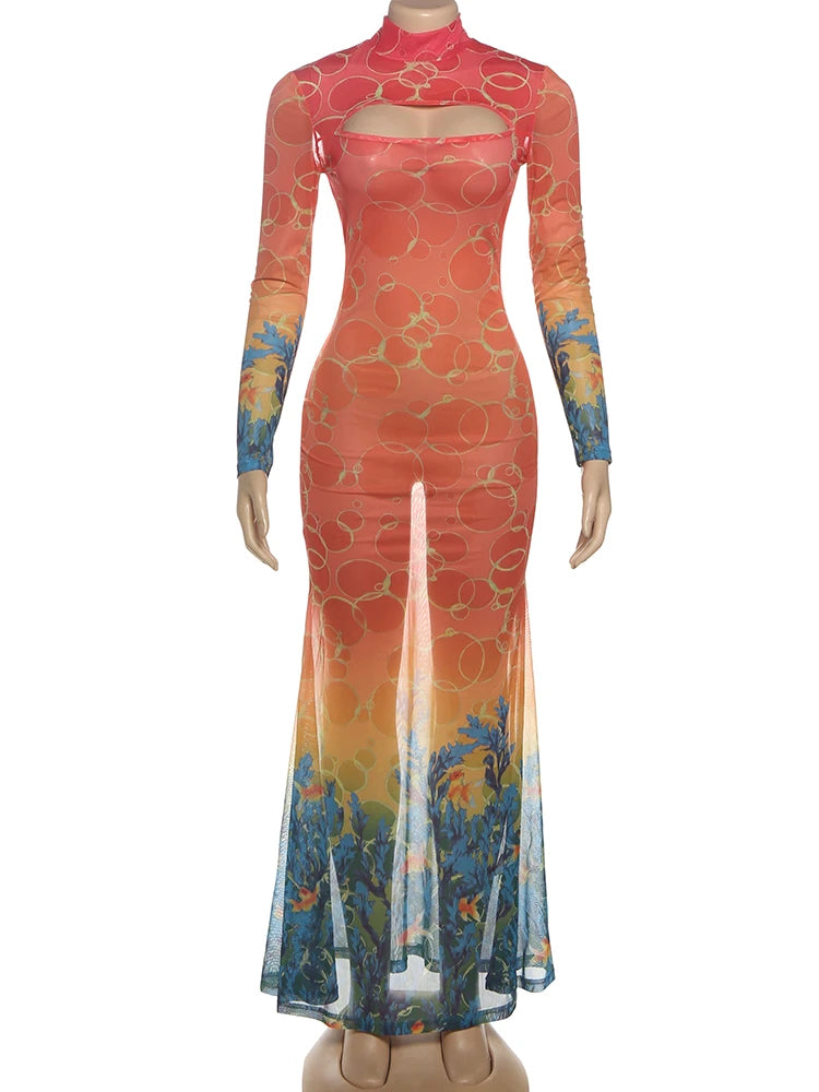 See Through Sexy Dress Women Hollow Hipster Colorful Print Skinny Stretch Midnight Party Clubwear Fishtail Bodycon