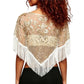 Women Sequin Mesh Fringe Poncho Top Floral Embroidered Sheer Net Cape Shawl Asymmetric Hem Crew Neck Party Club Cover Up