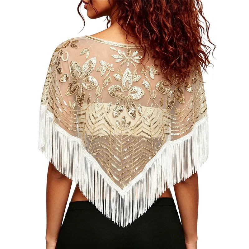 Women Sequin Mesh Fringe Poncho Top Floral Embroidered Sheer Net Cape Shawl Asymmetric Hem Crew Neck Party Club Cover Up