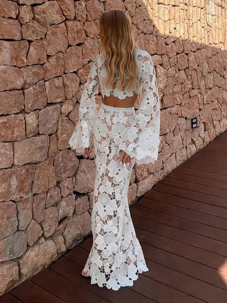 Fashion Jacquard Hollow 2 Piece Set Women Sexy Turtleneck Puff Sleeve Crop Top+Long Skirts Elegant Party Club Suits