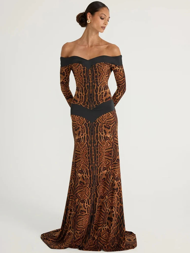Women Off Shoulder Leopard Print Maxi Dress Long Sleeve Cutout Bodycon Evening Party Gown Formal Wedding Guest Dress